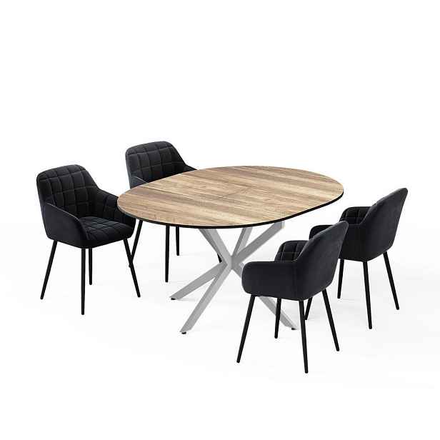Vicco JÍDELNÍ STŮL SESTAVA Loyd, Rustikální dub/Šedá, 120 x 120 cm se 4 jídelními židlemi (černé)