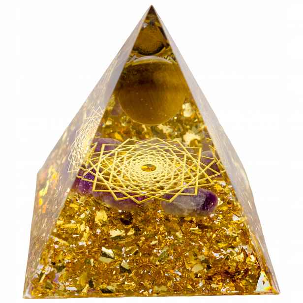 Orgonitová Pyramida Tygří Oko Ametyst Měď Śri Jantra Transformace 6 cm