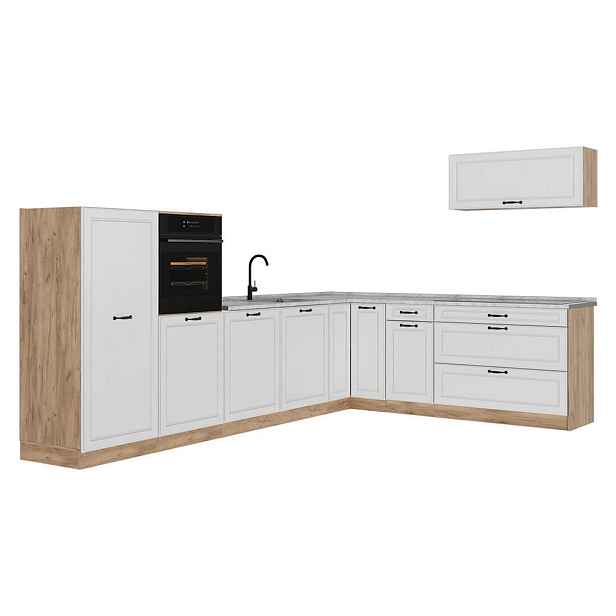 Vicco ROHOVÁ KUCHYŇ R-Line, Bílý venkovský dům/Zlatý mocný dub, 327 x cm pracovná doska Mramor