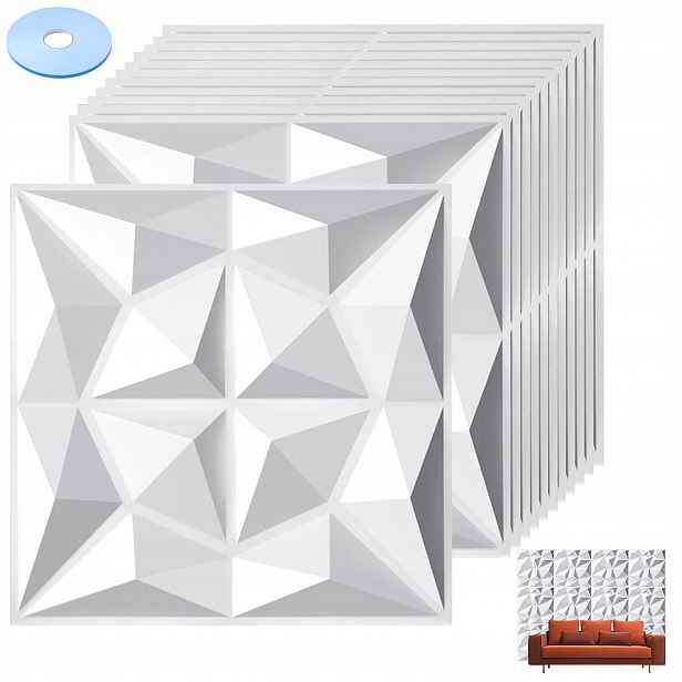 12x Nástěnné Panely Bílé Stropní Kazety 3D Diamant Bílá 50x50cm