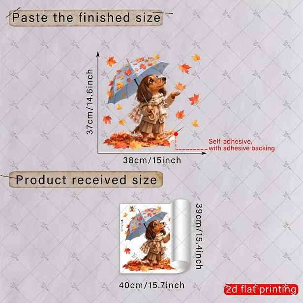 TEMU 2D plochá, 1 ks 2D plochá tištěná podzimní nálepka na okno 39*40 cm s jezevčíkem držícím deštník a javorovými , kreativní DIY samolepicí