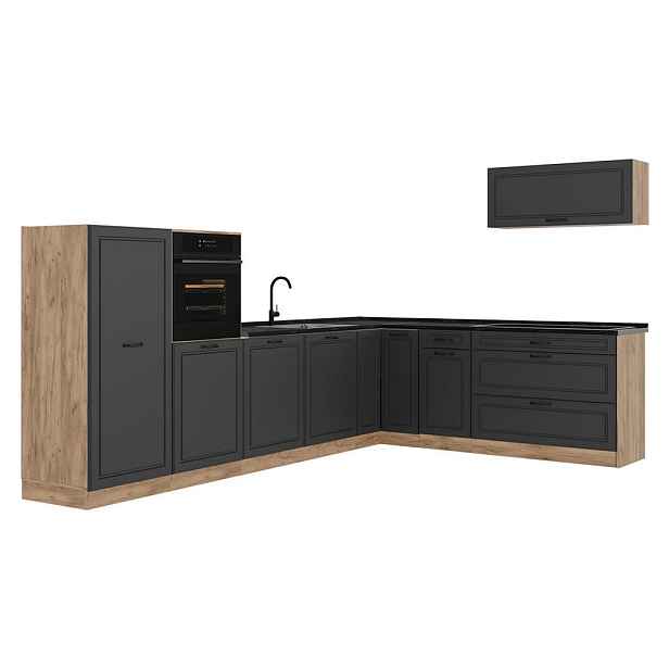Vicco ROHOVÁ KUCHYŇ R-Line, Antracitový venkovský dům/Zlatý mocný dub, 327 x cm pracovná doska antracitová
