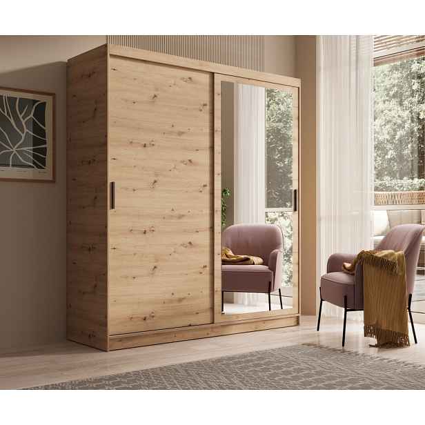 Skříň se zrcadlem a posuvnými dveřmi 180 cm DERLIA - dub artisan