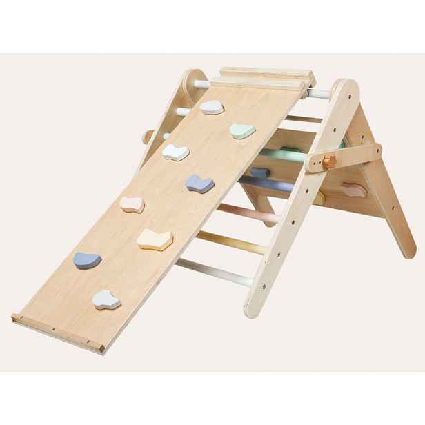 eliNeli Montessori rostoucí Piklerové trojúhelník 59 cm 3v1 s activity boardem a prknem 2v1 - pastel