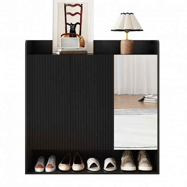 OKWISH BOTNÍK 110/35,5/110 cm černý z MDF a dřevotřísky se zrcadlem a policemi