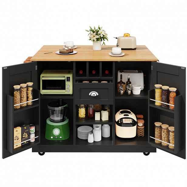 OKWISH KUCHYŇSKÝ ostrůvek 140/70/93,5 cm černý z MDF s výklopnou deskou, koly a držákem na ručníky