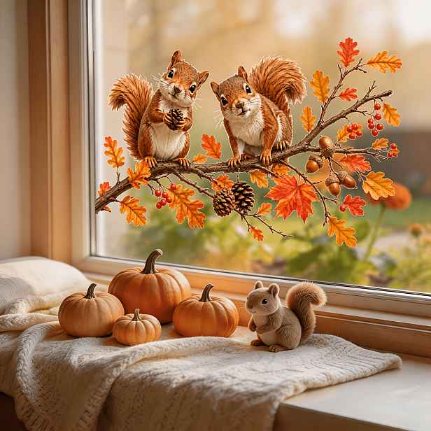 TEMU 1 ks 2D plochá javorová větev, veverka, šiška borovice, samolepka na okno - samolepicí papír, podzimní a dekorace, halloweenská dekorace, vhodné