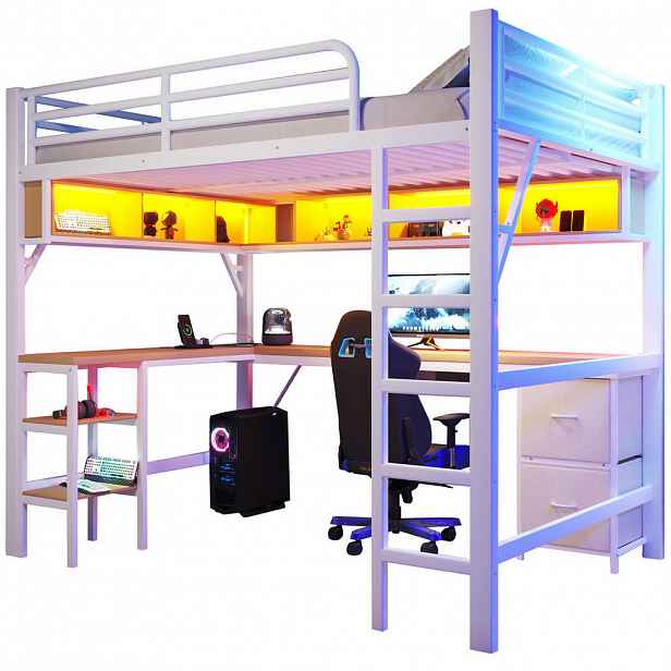 Modfu PATROVÁ postel z MDF a kovu 140x200 cm bílá s psacím stolem, policemi, skříňkou, USB a LED osvětlením