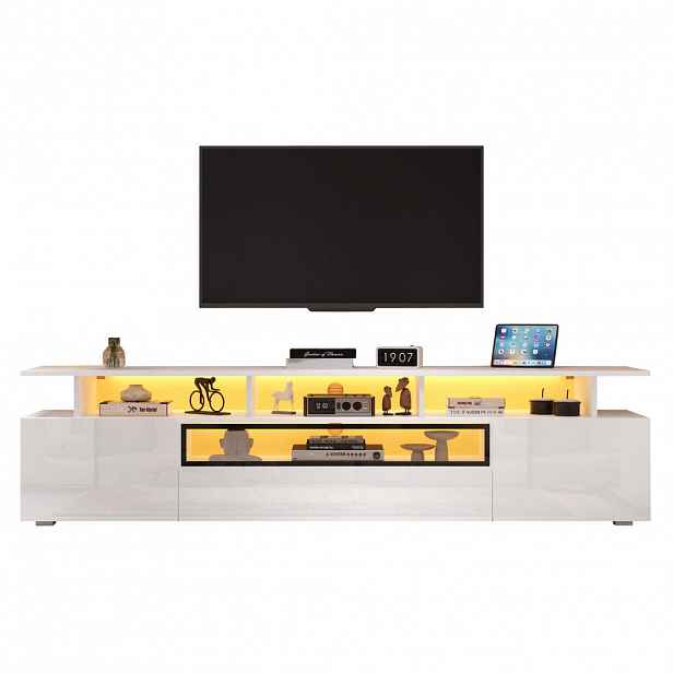 OKWISH TV stolek 180/38/45 cm bílá z dřevotřísky a akrylu s LED osvětlením a úložným prostorem