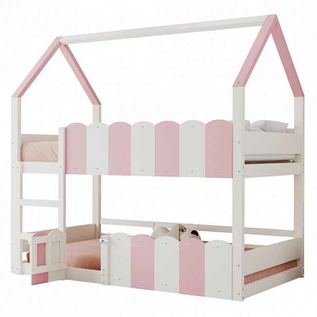 OKWISH DĚTSKÁ palanda 90/200 cm s designem domečku a bezpečnostním zábradlím v růžové a bílé barvě