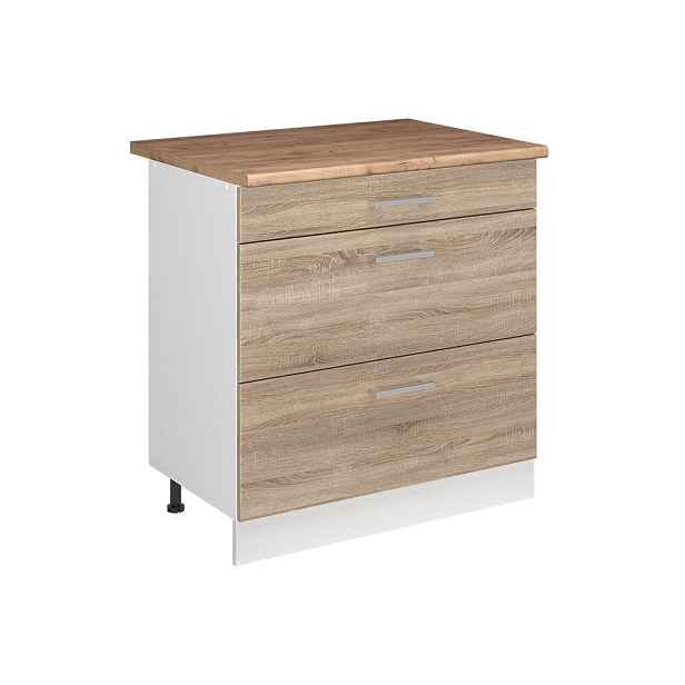 Vicco SPODNÍ SKŘÍŇKA KUCHYŇSKÉ LINKY R-Line, Sonoma/Bílá, 80 cm se 3 zásuvkami pracovná doska Dub Goldkraft