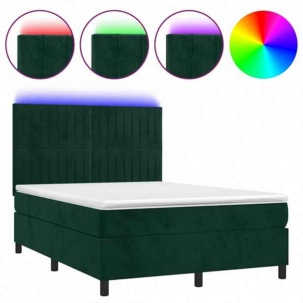 vidaXL Box spring postel s matrací a LED tmavě zelená 140x190 cm samet