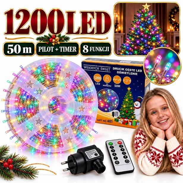 Vánoční Osvětlení Na Stromeček 1200 Led 50 M Multicolor Na Drátku Pilot Časovač 8 Režimů