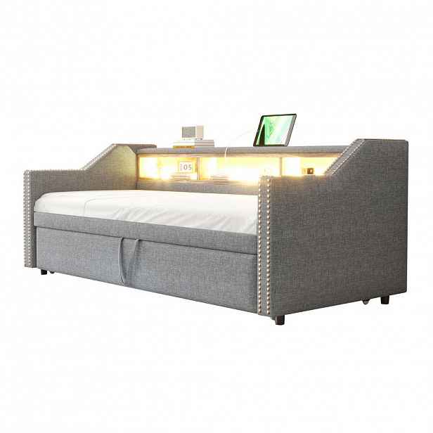 OKWISH ROZKLÁDACÍ postel 90/180 x 190 cm světle šedá z lněné tkaniny s LED a USB