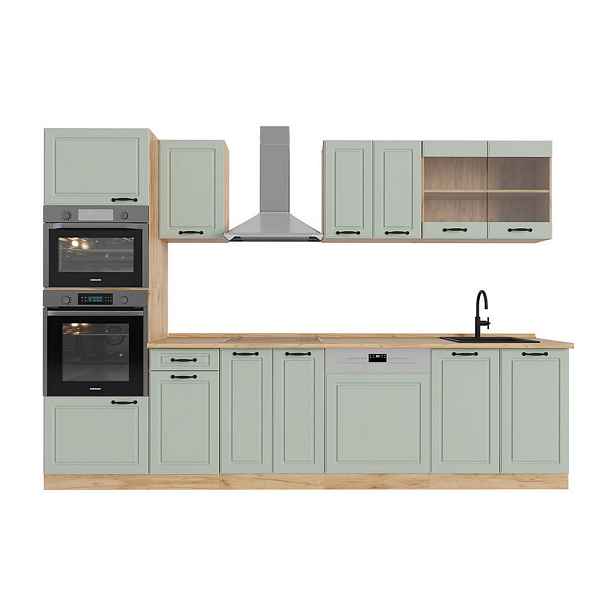 Vicco KUCHYŇSKÝ KOUT R-Line, Mint venkovský dům/Zlatý mocný dub, 300 cm pracovná doska Dub Goldkraft