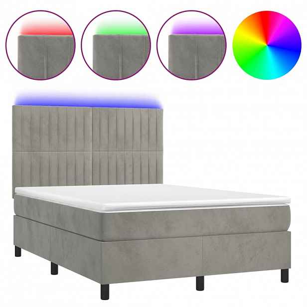 vidaXL Box spring postel s matrací a LED světle šedá 140x200 cm samet