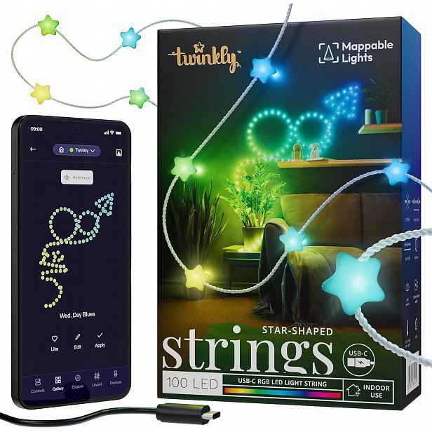 Vánoční osvětlení na stromeček Twinkly Strings 100 Led Rgb Hvězdy Usb-c Transparentní 6 m