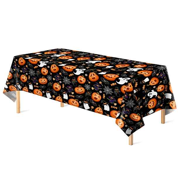 TEMU 1ks/3ks Sada Halloween Jednorázový Plastový Ubrousek na Stůl, Stylové Černé Pozadí s Prvky Dýně, Čarodějnice a Pavučiny, Vhodné pro Halloween