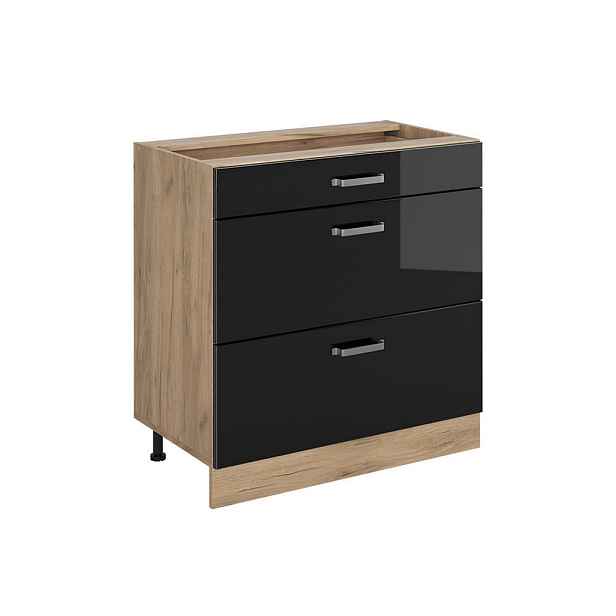 Vicco SPODNÍ SKŘÍŇKA KUCHYŇSKÉ LINKY R-Line, Černý vysoký lesk/Zlatý mocný dub, 80 cm se 3 zásuvkami bez pracovní desky
