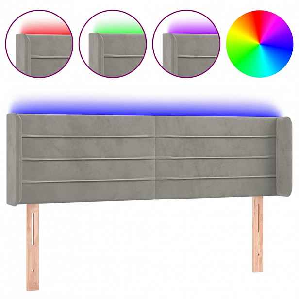 vidaXL Čelo postele s LED světle šedé 147 x 16 x 78/88 cm samet