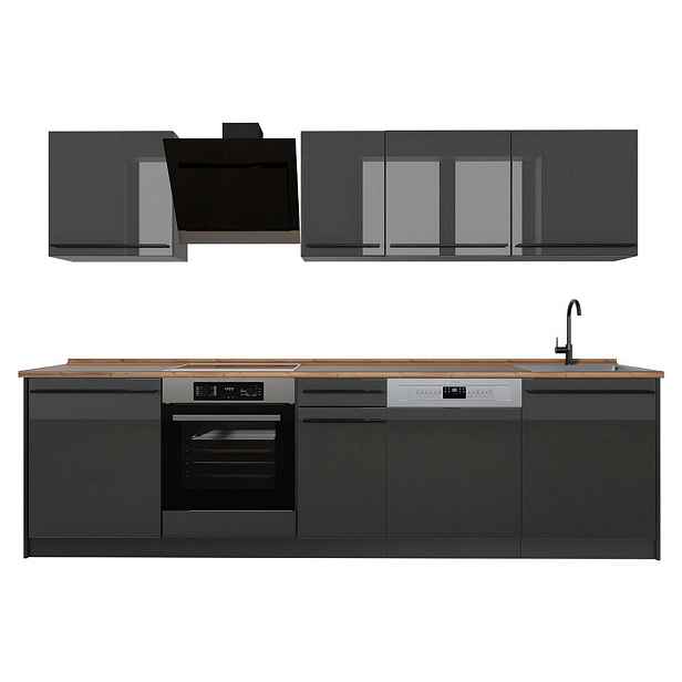 Vicco KUCHYŇSKÝ KOUT R-Line, Antracitový vysoký lesk/Antracit, 280 cm pracovná doska Dub Goldkraft