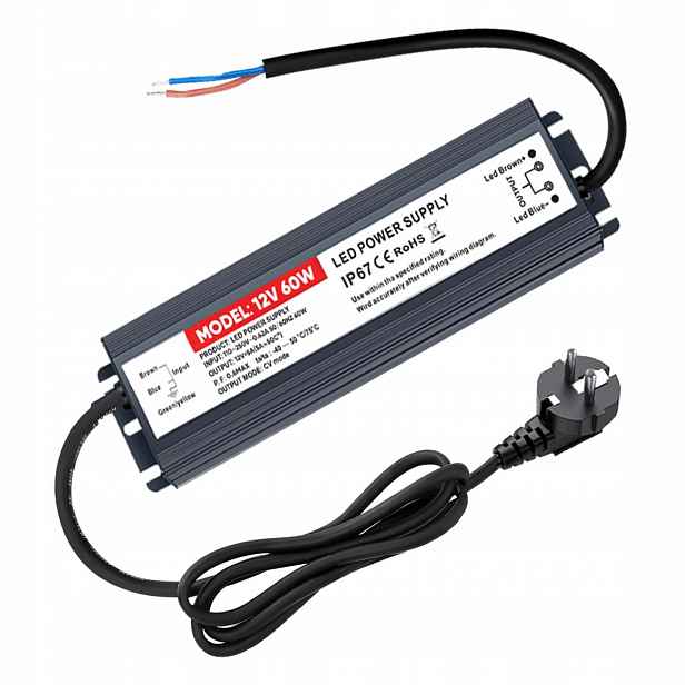 Napájecí zdroj transformátoru 12V 60W Ovladač Led IP67 Napájecí Zdroj se zástrčkou 5A