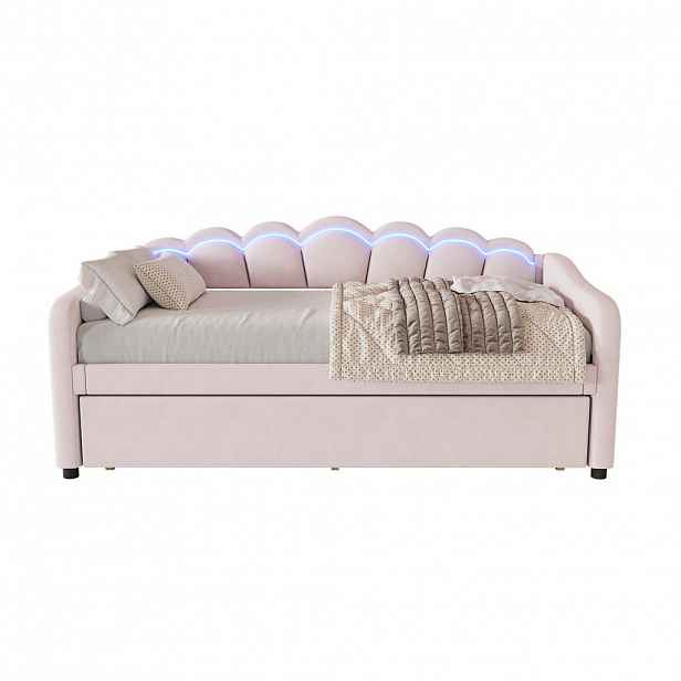 OKWISH ČALOUNĚNÁ postel 90/200 cm růžová ze sametu s výsuvným lůžkem a LED osvětlením