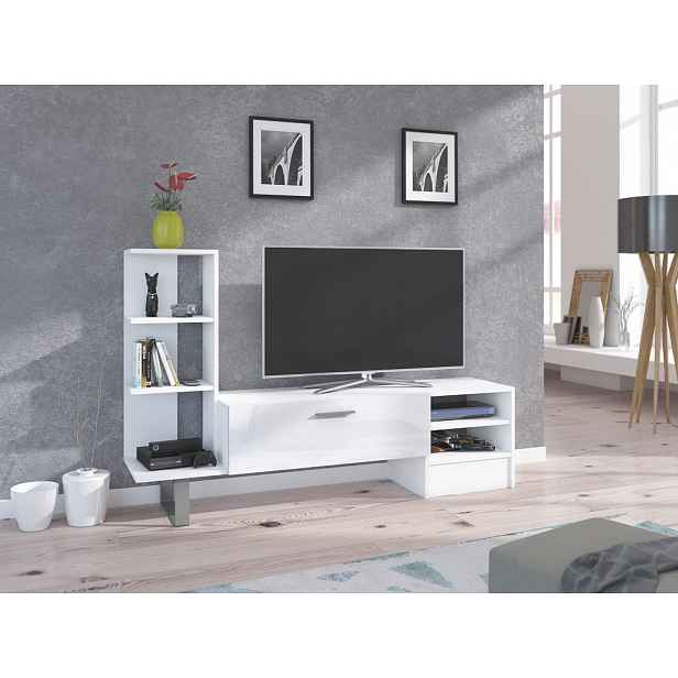 Televizní stolek VANIMO, bílá/bílý lesk, 5 let záruka
