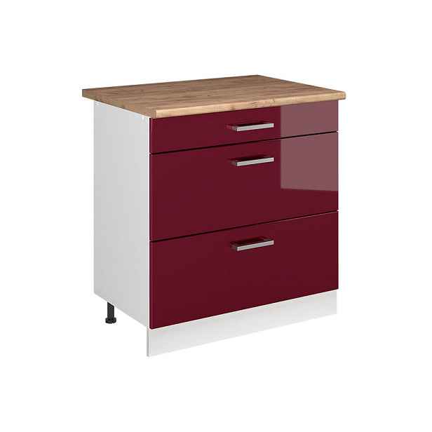 Vicco SPODNÍ SKŘÍŇKA KUCHYŇSKÉ LINKY R-Line, Červená vysoký lesk/Bílá, 80 cm se 3 zásuvkami pracovná doska Dub Goldkraft