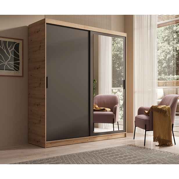 Skříň se zrcadlem a posuvnými dveřmi 180 cm DERLIA - dub artisan / černá