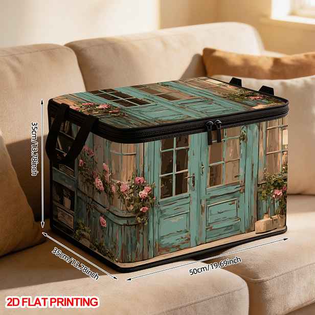TEMU 1 ks Velkokapacitní úložný box, vintage dřevěných dveří s růžemi, měkká tkanina, pro udržení oblečení, třídění ložního prádla, stěhování a