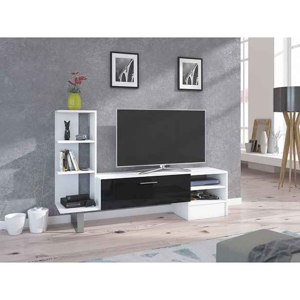 Televizní stolek VANIMO, bílá/černý lesk, 5 let záruka