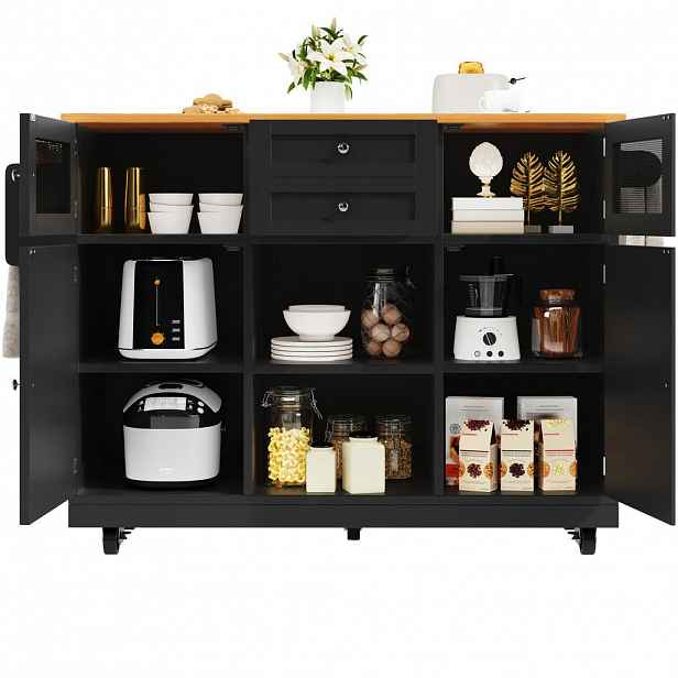 OKWISH KUCHYŇSKÝ ostrůvek 140/70/93,5 cm černý z MDF s výklopnou deskou a úložným prostorem