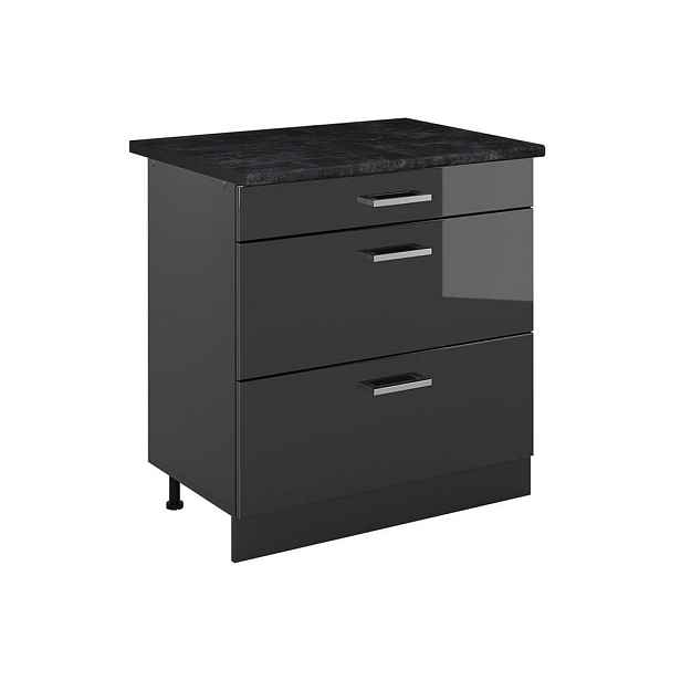 Vicco SPODNÍ SKŘÍŇKA KUCHYŇSKÉ LINKY R-Line, Antracitový vysoký lesk/Antracit, 80 cm se 3 zásuvkami pracovná doska antracitová