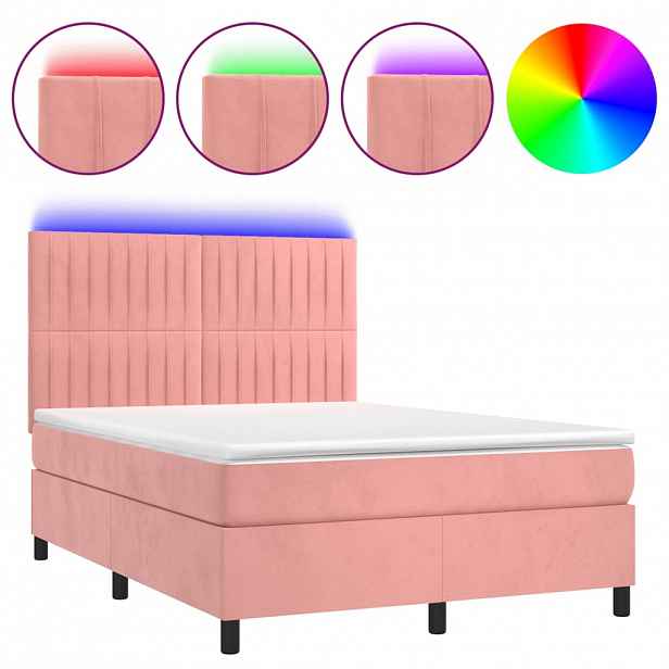 vidaXL Box spring postel s matrací a LED růžová 140x200 cm samet