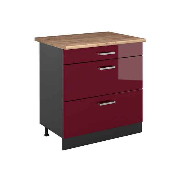 Vicco SPODNÍ SKŘÍŇKA KUCHYŇSKÉ LINKY R-Line, Červená vysoký lesk/Antracit, 80 cm se 3 zásuvkami pracovná doska Dub Goldkraft