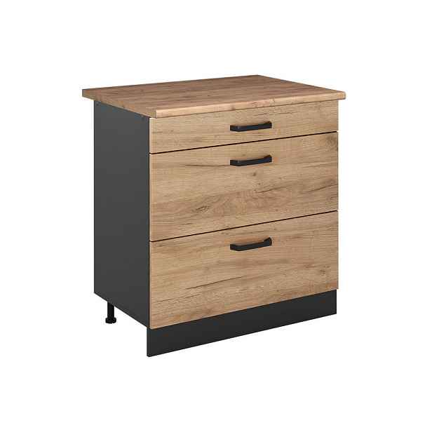 Vicco SPODNÍ SKŘÍŇKA KUCHYŇSKÉ LINKY R-Line, Zlatý mocný dub/Antracit, 80 cm se 3 zásuvkami pracovná doska Dub Goldkraft