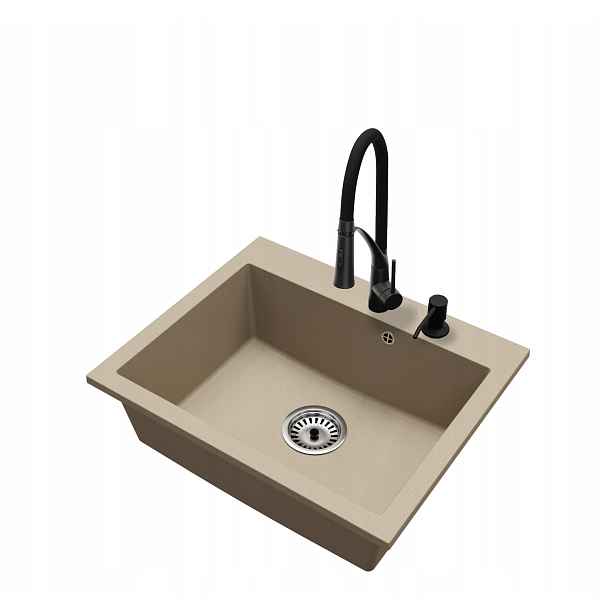 Granitový dřez Jednokomorový Elite 60 Baterie Dávkovač Sifon Chrom