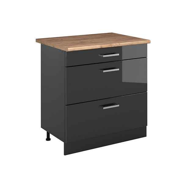 Vicco SPODNÍ SKŘÍŇKA KUCHYŇSKÉ LINKY R-Line, Antracitový vysoký lesk/Antracit, 80 cm se 3 zásuvkami pracovná doska Dub Goldkraft