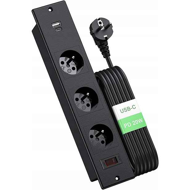 Zásuvka nábytková zapuštěná do pracovní desky 3x 230V Usb-c 20W Usb-a 4000W 2m Černá