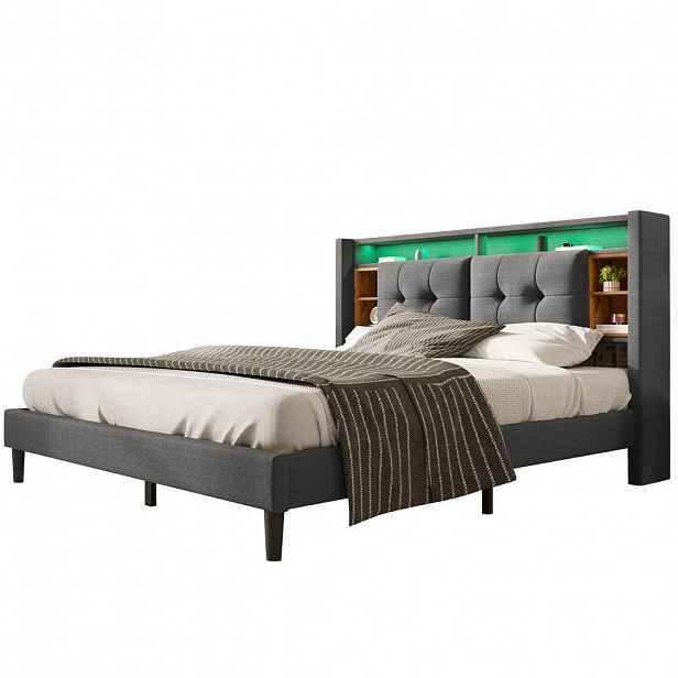 Redom ČALOUNĚNÁ postel 140/200 cm s LED osvětlením, USB a zásuvkami, úložným čelem a lamelovým roštem, Šedá