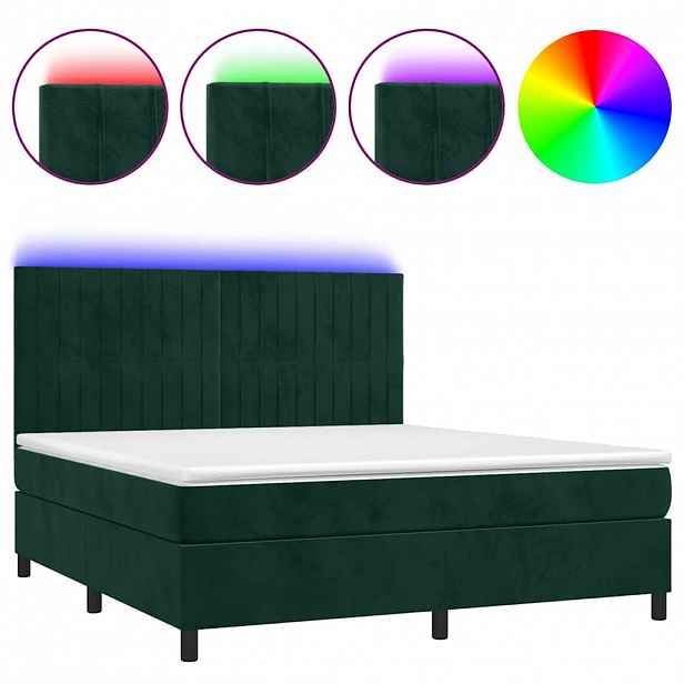 vidaXL Box spring postel s matrací a LED tmavě zelená 160x200 cm samet