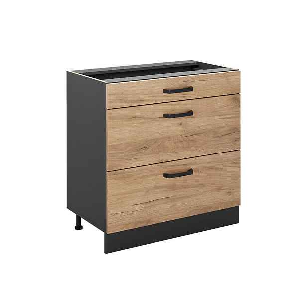 Vicco SPODNÍ SKŘÍŇKA KUCHYŇSKÉ LINKY R-Line, Zlatý mocný dub/Antracit, 80 cm se 3 zásuvkami bez pracovní desky