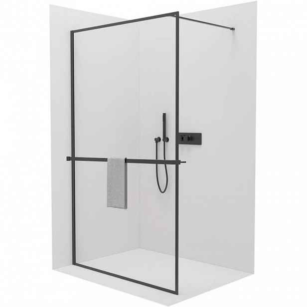 Sprchová zástěna Walk-in Moreli L/P + polička/držák na ručníky - černá matná, transparentní sklo - 100x200 cm
