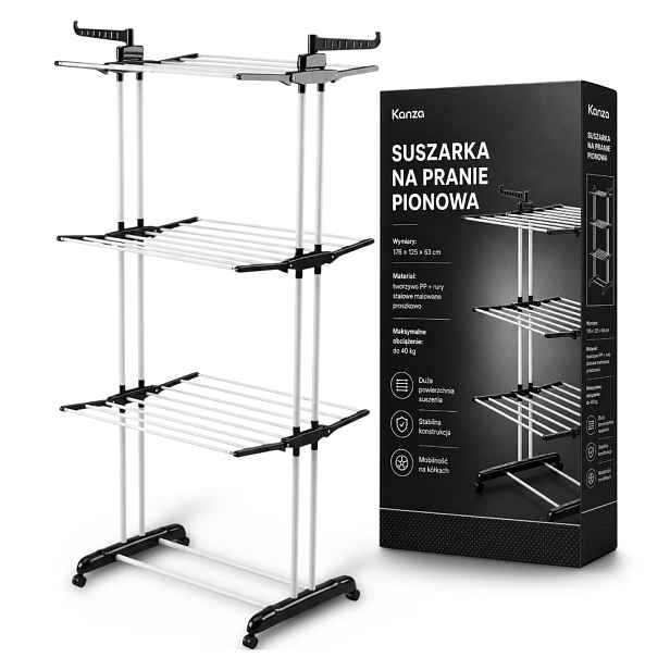Vertikální skládací sušák na prádlo, nosnost 40 kg, černý, s kolečky, 2 kusy