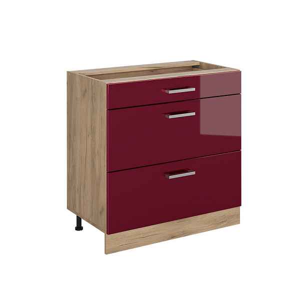 Vicco SPODNÍ SKŘÍŇKA KUCHYŇSKÉ LINKY R-Line, Červená vysoký lesk/Zlatý mocný dub, 80 cm se 3 zásuvkami bez pracovní desky