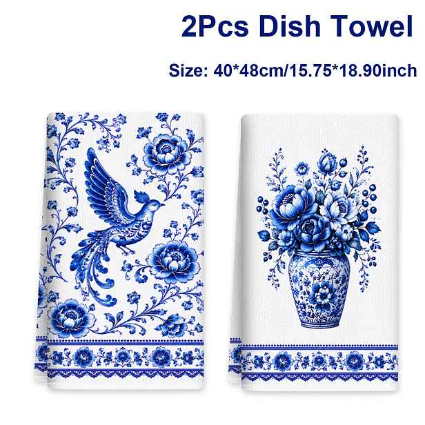 TEMU 2 ks, -bílé kuchyňské utěrky s květinovým vzorem, Květinové utěrky na nádobí s ptáků a porcelánu, Elegantní modré utěrky na sušení nádobí a