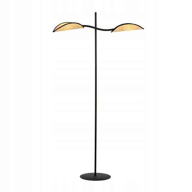 Podlahová lampa Lotus černá s ratanovými stínítky 2xE14
