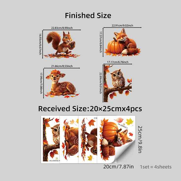 TEMU Podzimní samolepky na okna 4 ks, statické samolepky na okna na Den díkůvzdání, roztomilý design podzimních lesních zvířat s dýní a javorovými ,