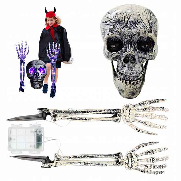 Halloweenská Dekorace Kostra Svítící Lebka Ruce Led Fialová Sada XL